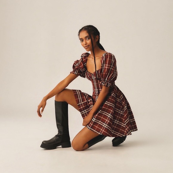 Maeve Dresses & Skirts - Anthropologie Maeve Red Tartan Plaid Puff Sleeve Mini Dress S OB2080843